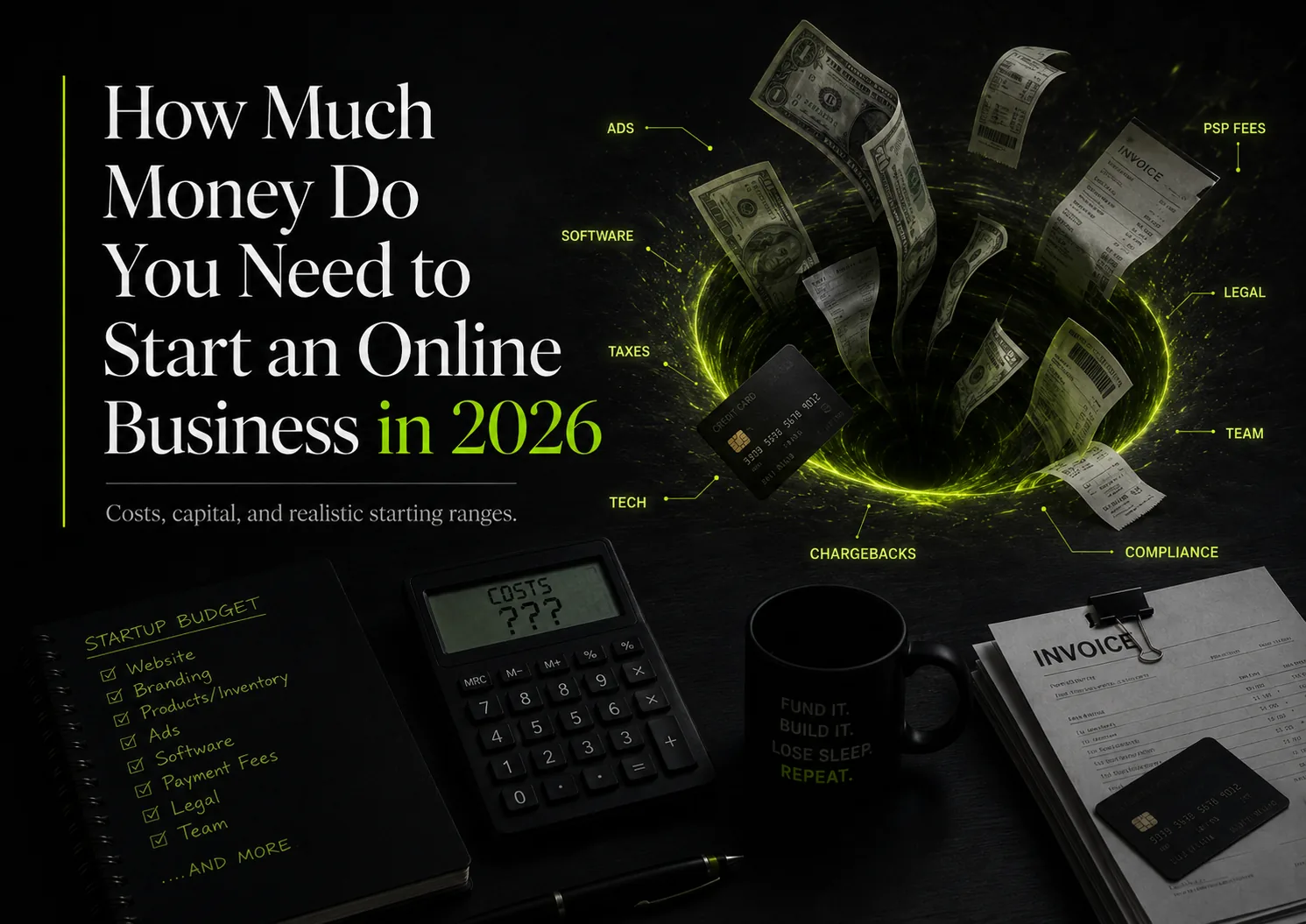 Dark InVault-style resource image showing online business startup costs being pulled into a financial vortex, with labels for ads, tech, legal, compliance, team, chargebacks, and PSP fees.