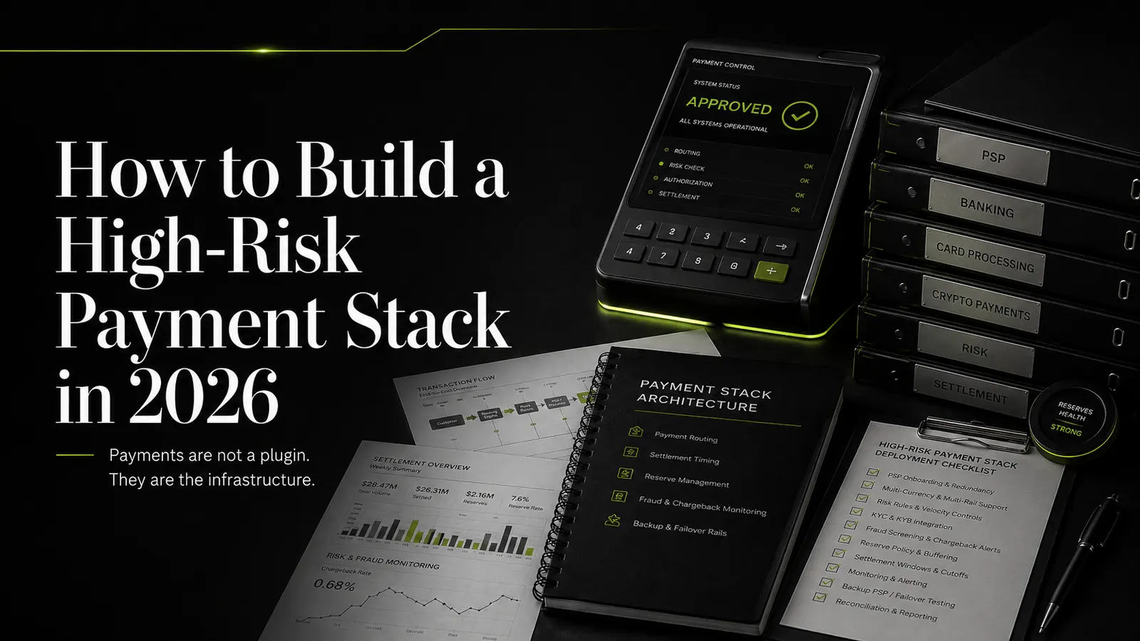 Dark InVault-style graphic showing high-risk payment stack infrastructure with PSPs, banking, card processing, crypto payments, settlement, reserves, fraud monitoring, and backup routes