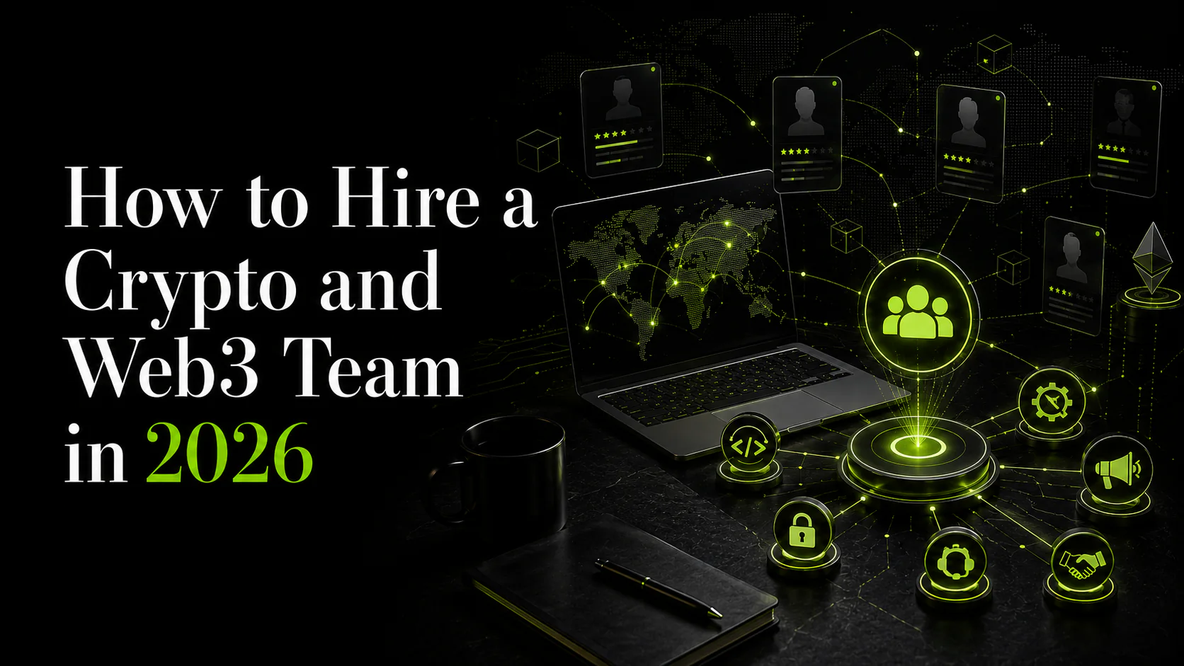 Dark InVault-style resource graphic for How to Hire a Crypto and Web3 Team in 2026, showing a global distributed team, candidate profiles, blockchain development, community, partnerships, platform work, and product hiring.