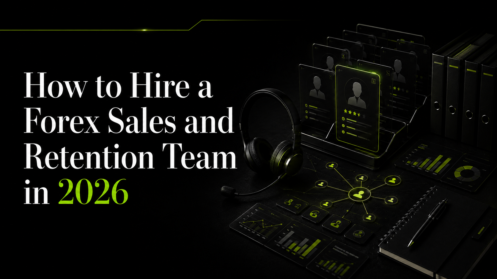 Dark InVault-style resource graphic for How to Hire a Forex Sales and Retention Team in 2026, showing candidate profiles, headset, sales desk performance dashboards, CRM cards, team structure, and Forex hiring planning.
