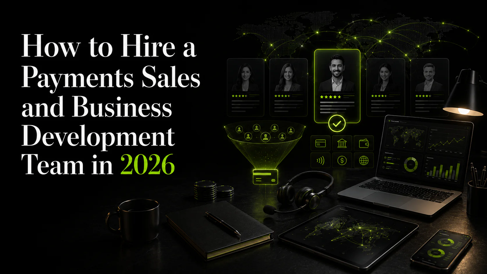 Dark InVault-style resource graphic for How to Hire a Payments Sales and Business Development Team in 2026, showing candidate profiles, merchant acquisition, payment dashboards, CRM pipeline, global partnerships, and commercial hiring planning.
