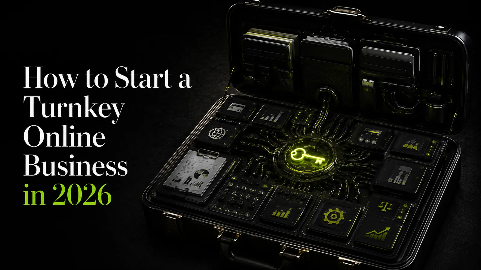 Dark premium image showing a turnkey online business launch kit with a glowing key, payment modules, banking, traffic, legal structure, technology, operations, and growth controls.