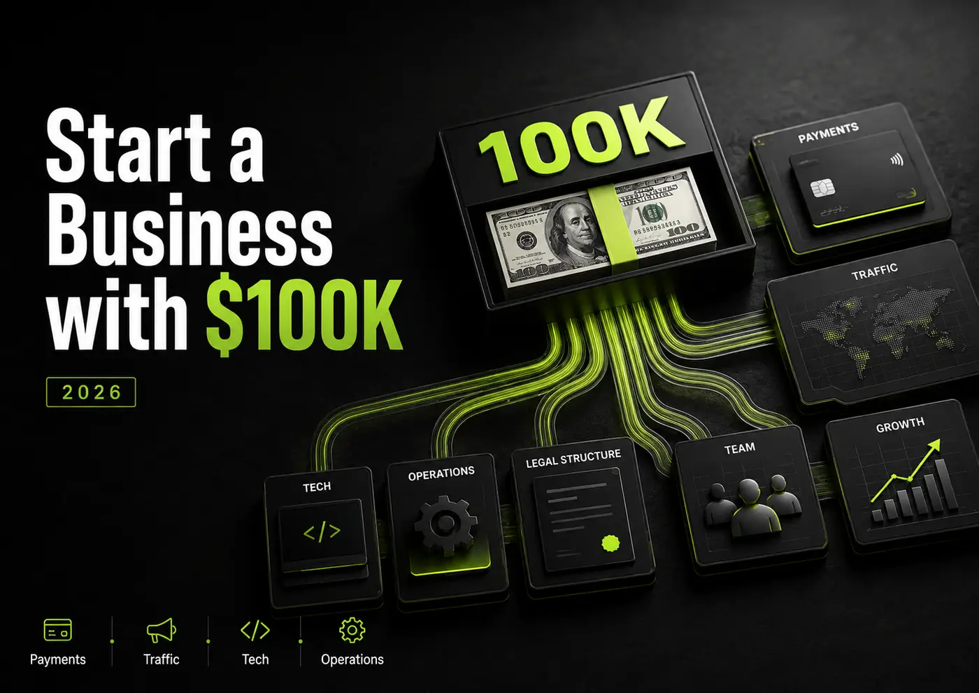 Dark InVault-style hero image showing $100K startup capital being allocated into payments, traffic, technology, operations, legal structure, team and growth for an online business in 2026.