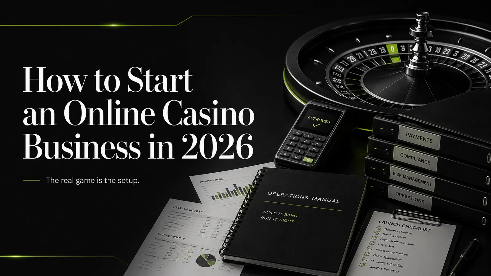 Dark InVault-style graphic for starting an online casino business in 2026